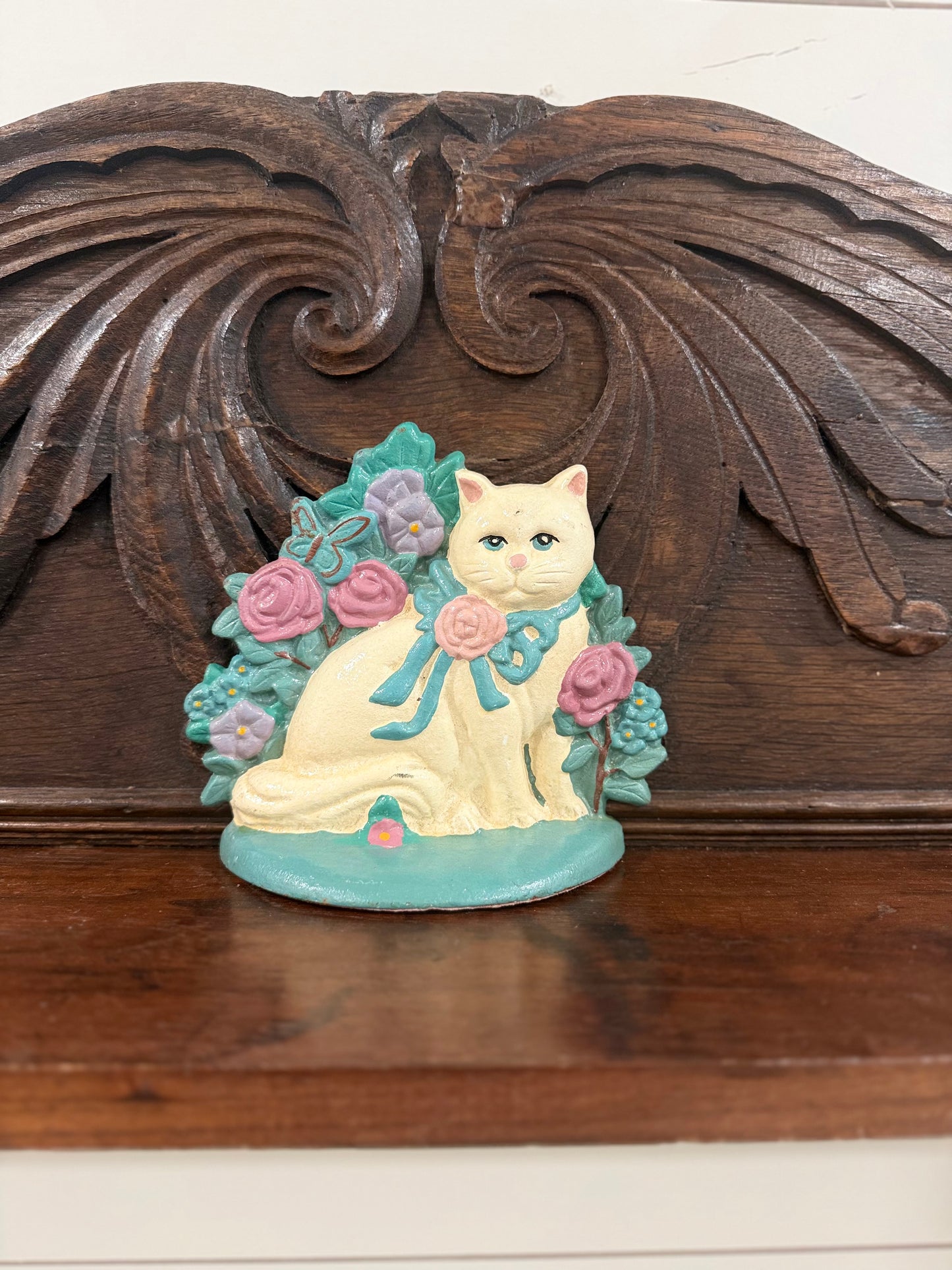 Vintage Floral Cat Cast Iron Doorstop / Shelf Sitter