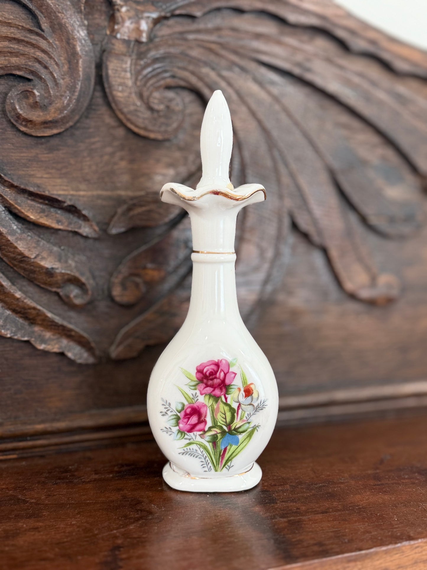 Vintage Floral Porcelain Perfume Bottle with Stopper