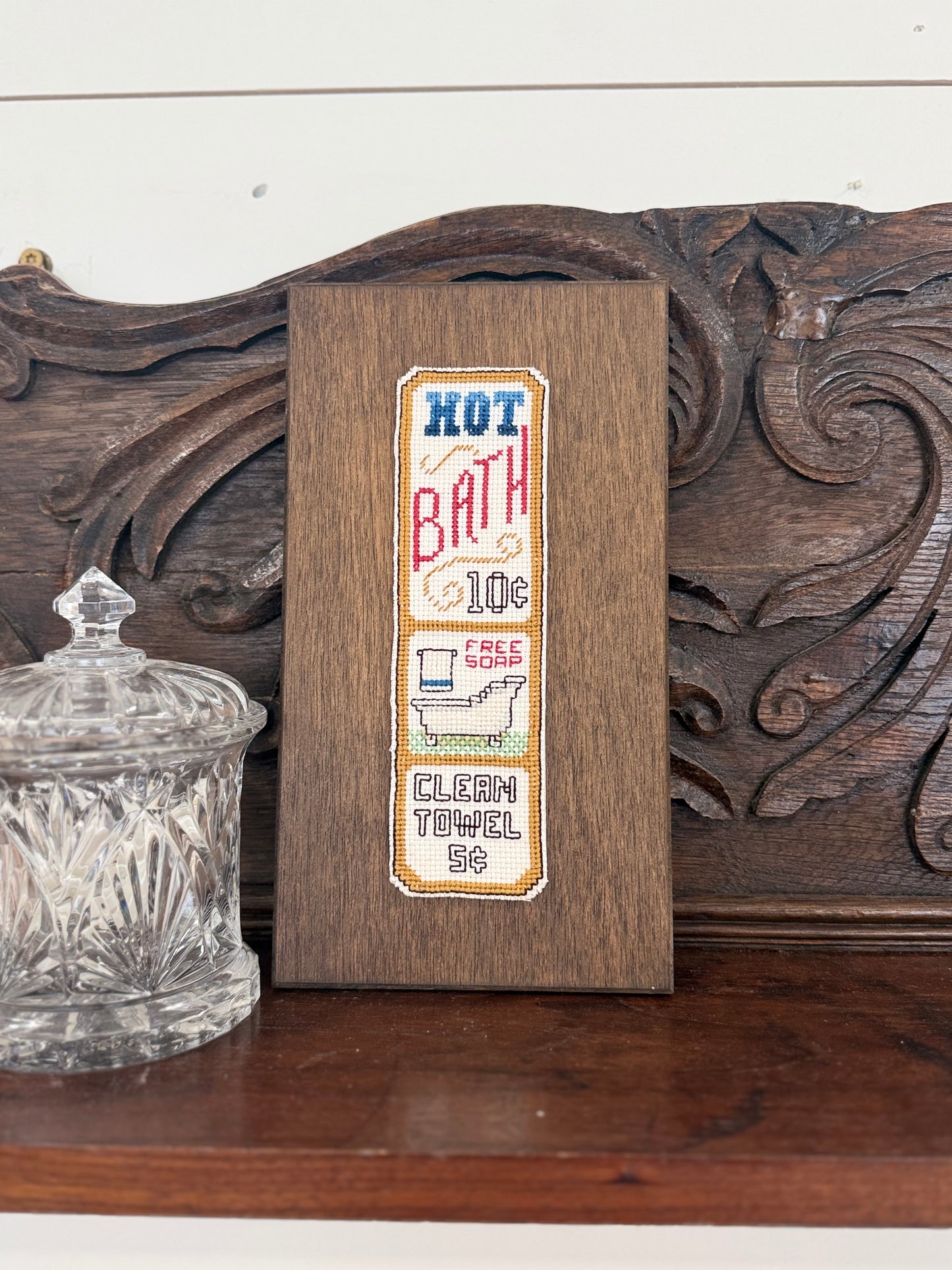 Vintage Framed Hot Bath Cross-Stitch Bathroom Sign