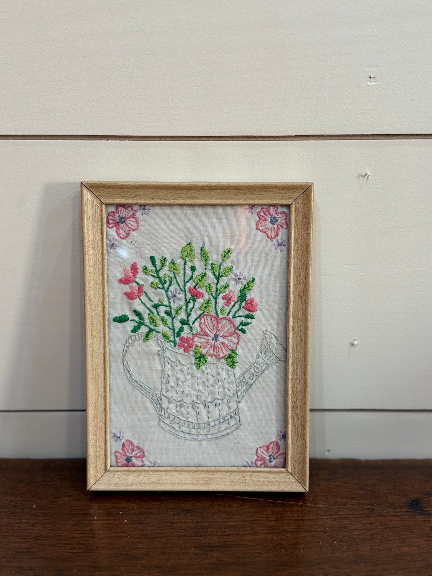 Vintage Framed Embroidered Watering Can Artwork