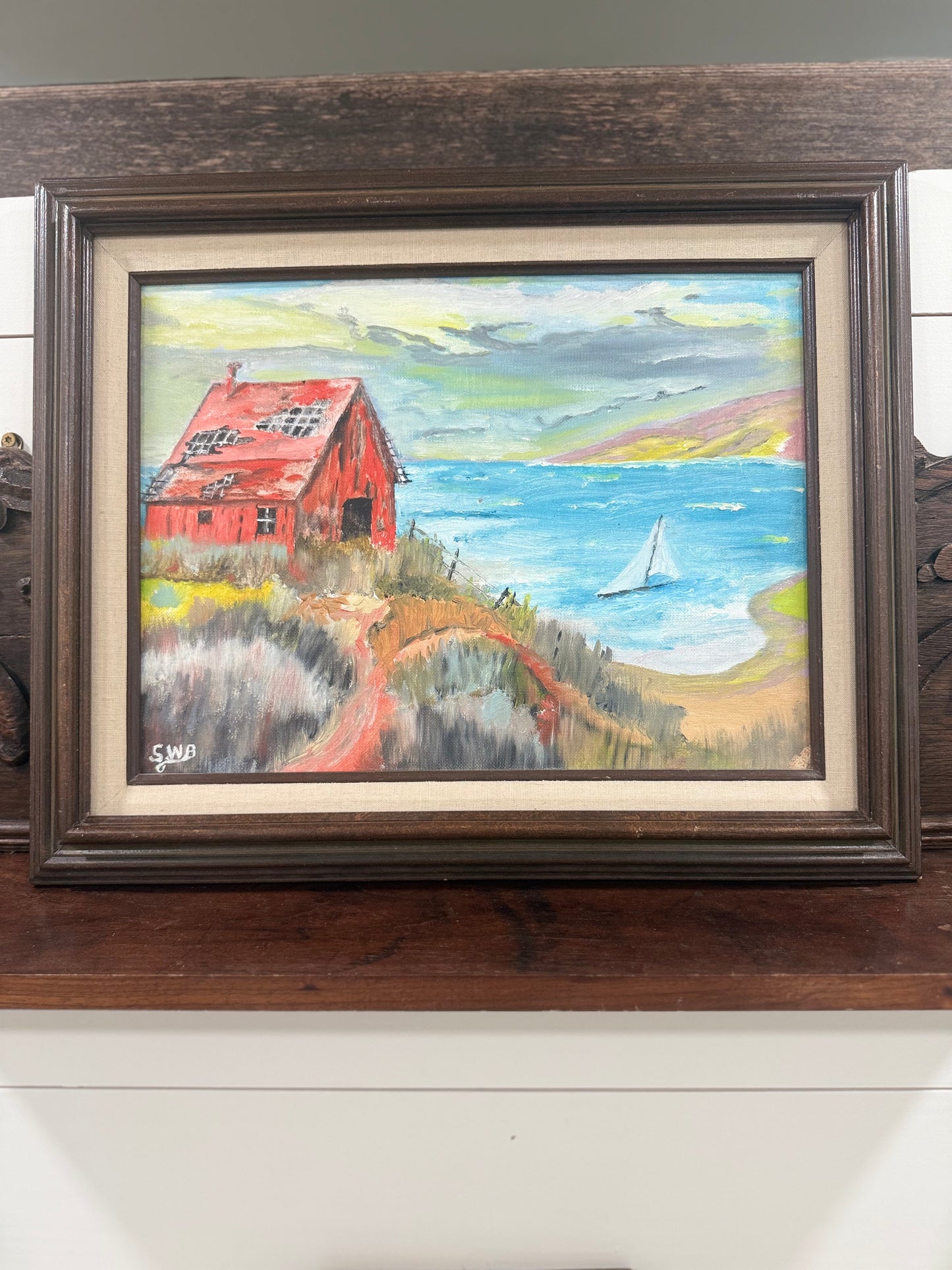 Original Framed Coastal Oil Painting | Red Barn by the Water