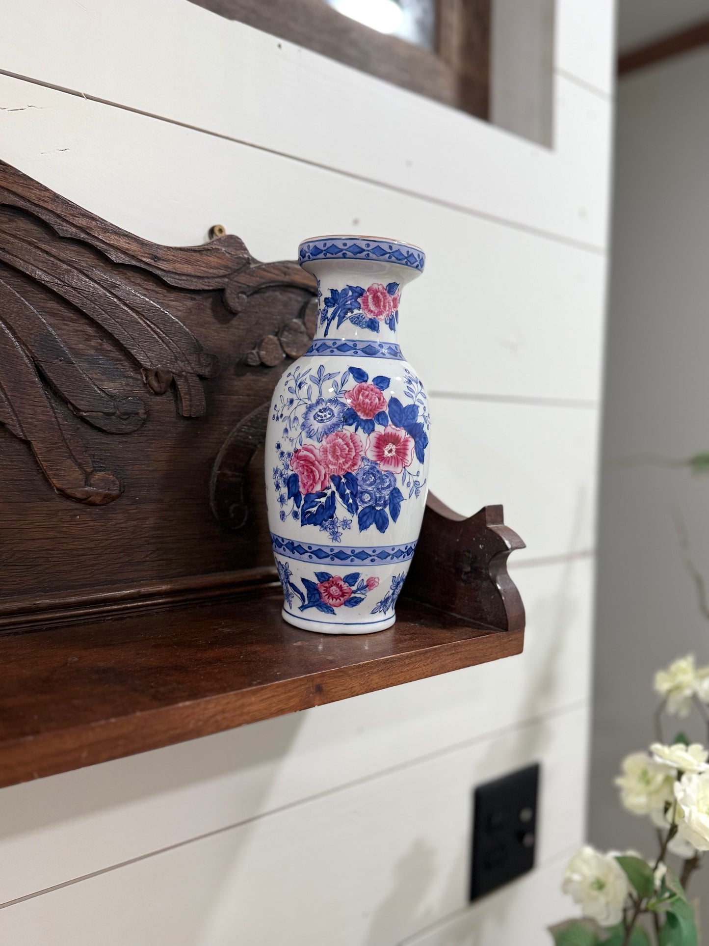 Vintage Blue & Pink Floral Vase | Chinoiserie-Inspired Ceramic Vase