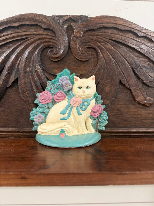 Vintage Floral Cat Cast Iron Doorstop / Shelf Sitter