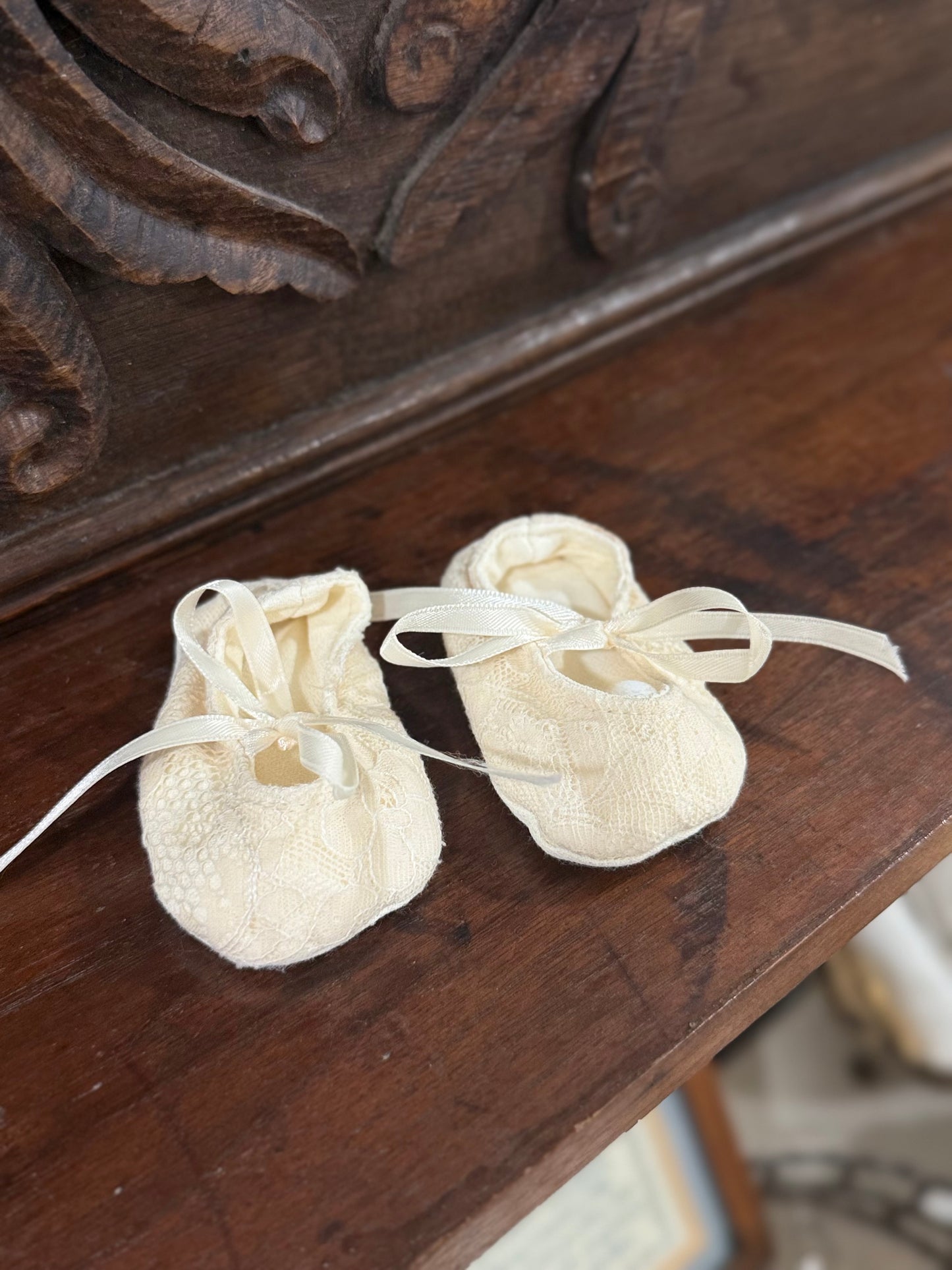 Vintage Cream Lace Baby Booties with Satin Ribbon Ties