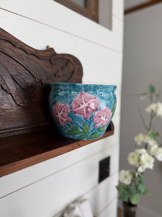 Vintage Hand-Painted Floral Cachepot Planter | Pink Morning Glory Pot