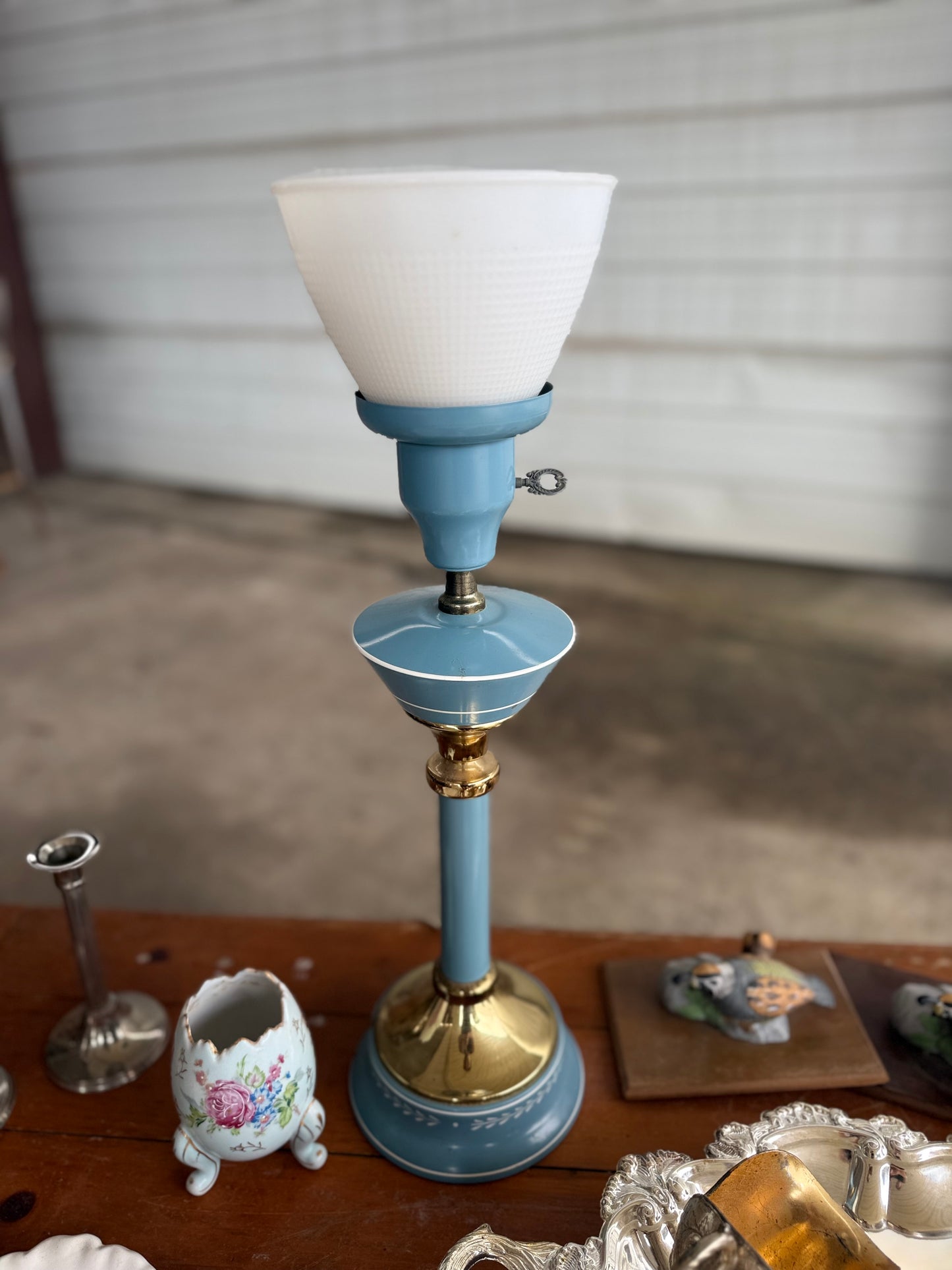Vintage Blue Boudoir Lamp with Milk Glass Shade