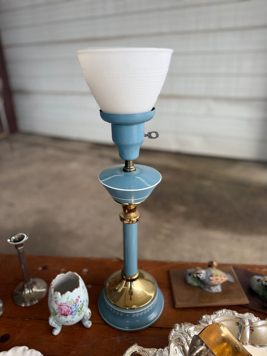 Vintage Blue Boudoir Lamp with Milk Glass Shade
