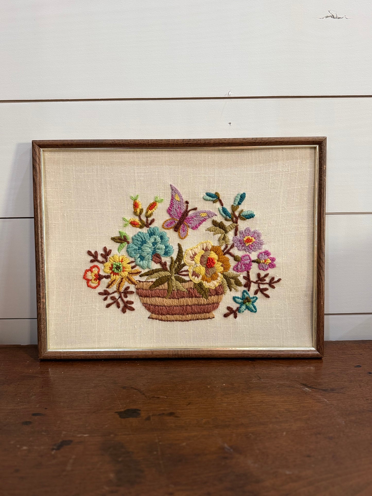 Vintage Framed Floral Embroidery Artwork