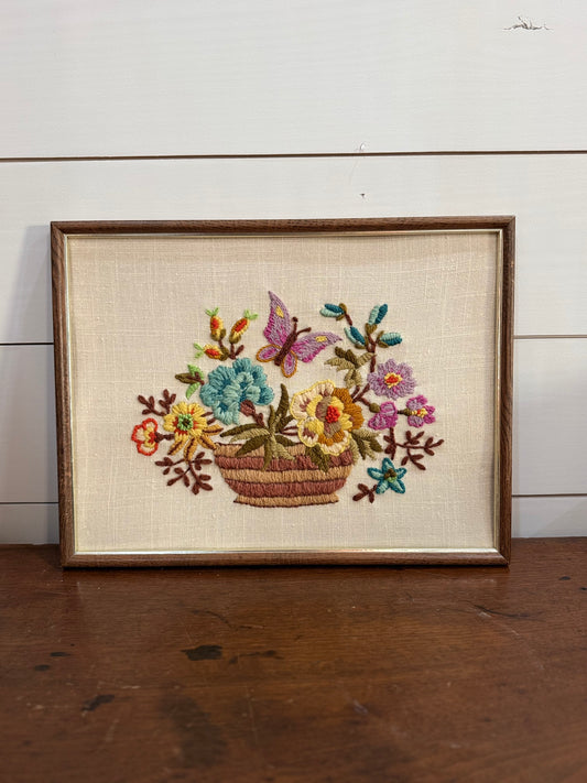 Vintage Framed Floral Embroidery Artwork