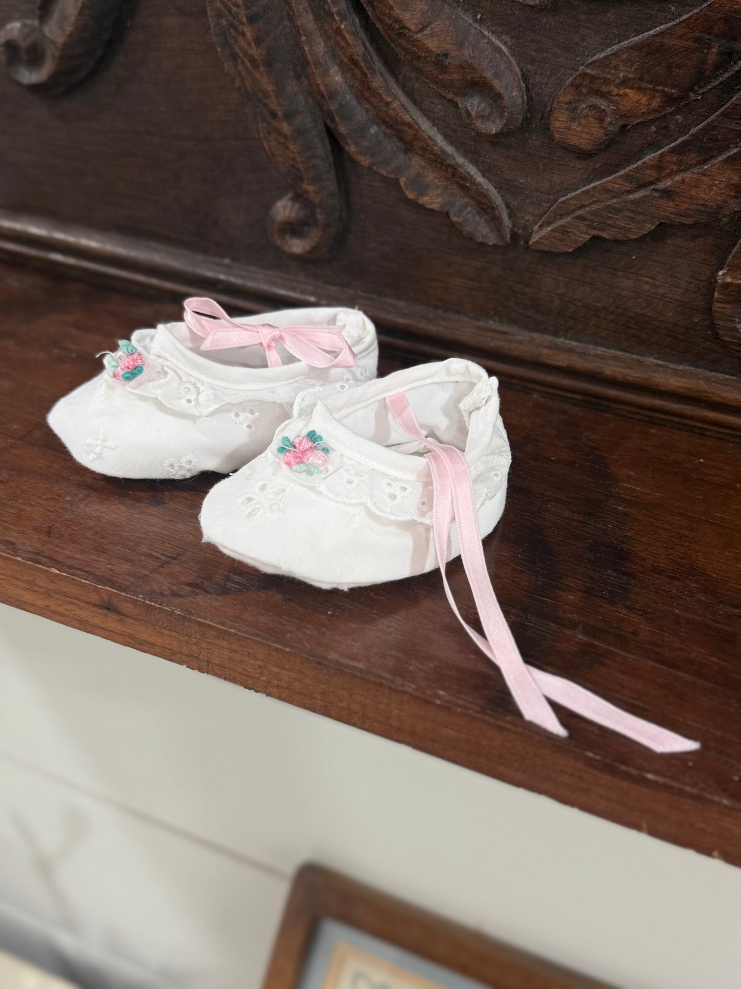 Vintage White Eyelet Baby Shoes with Pink Ribbon Detail