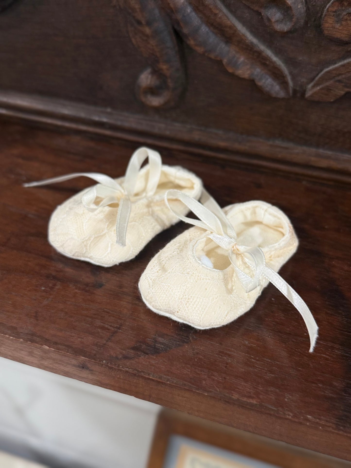 Vintage Cream Lace Baby Booties with Satin Ribbon Ties