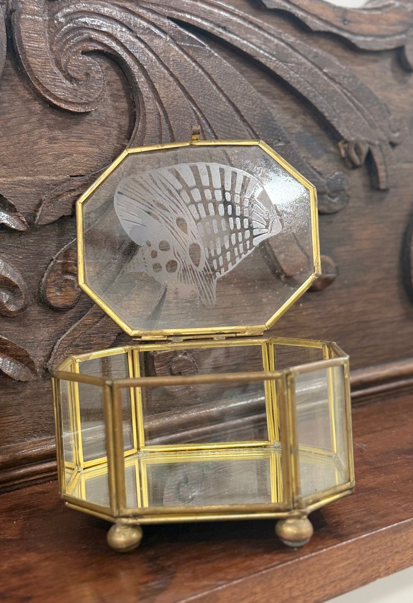 Vintage Brass Trinket Box with Etched Sea Shell Lid