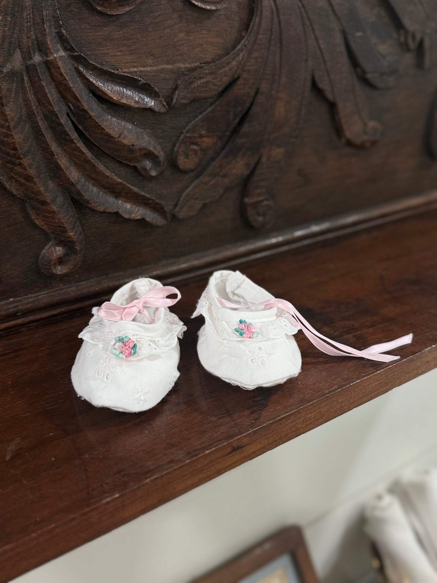 Vintage White Eyelet Baby Shoes with Pink Ribbon Detail