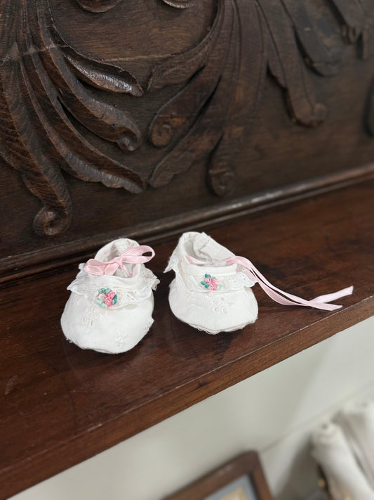 Vintage White Eyelet Baby Shoes with Pink Ribbon Detail