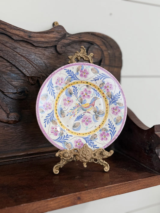 Vintage Hand-Painted Bird & Floral Decorative Plate