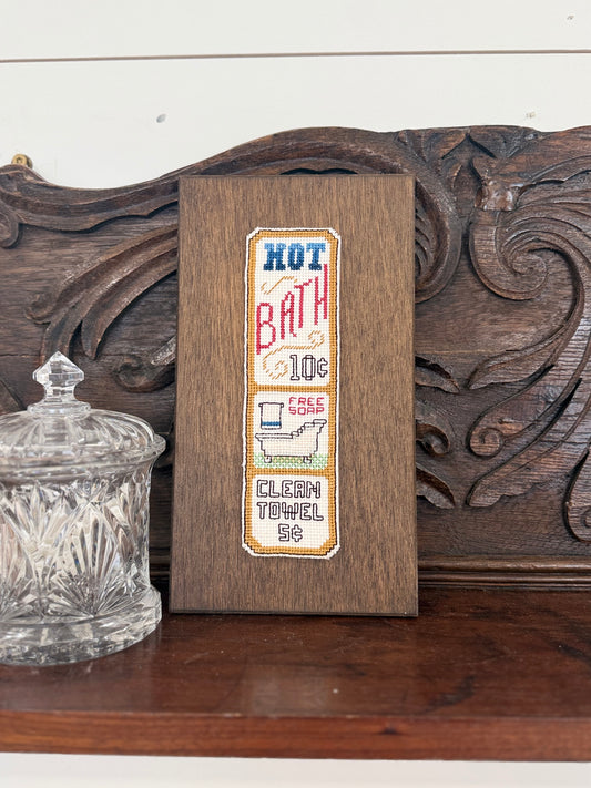 Vintage Framed Hot Bath Cross-Stitch Bathroom Sign