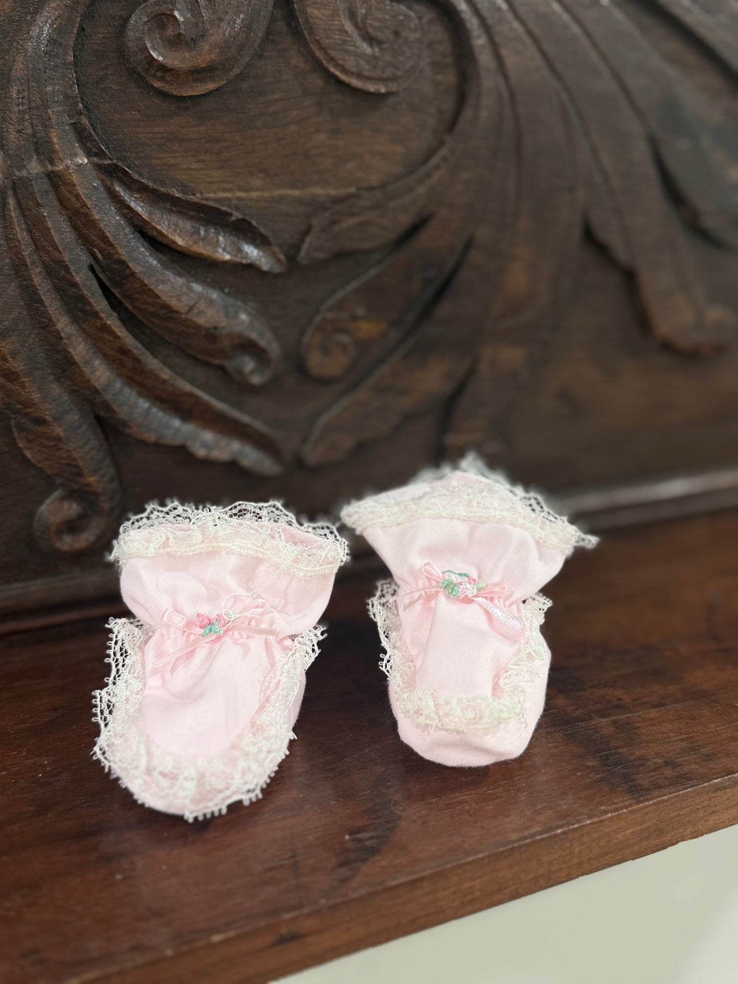 Vintage Pink Baby Booties with Lace Trim