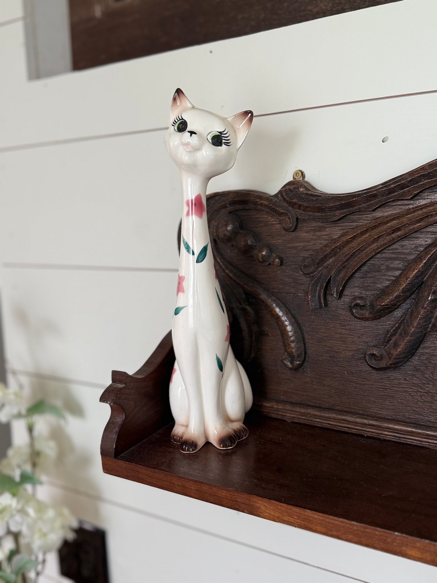 Vintage Floral Ceramic Cat Figurine