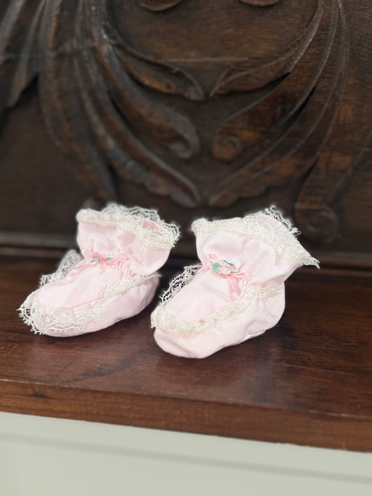 Vintage Pink Baby Booties with Lace Trim