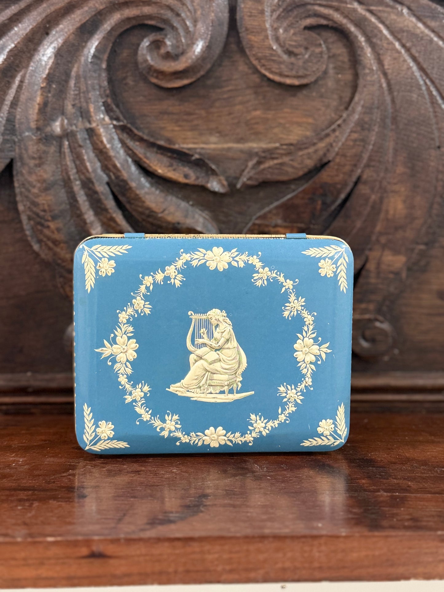 Vintage Wedgwood-Style Blue Tin with Classical Motif