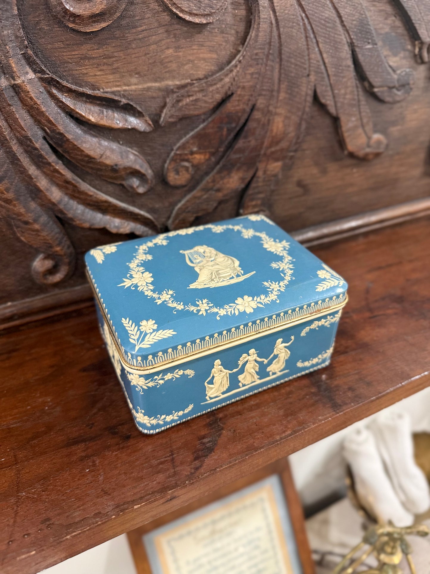 Vintage Wedgwood-Style Blue Tin with Classical Motif