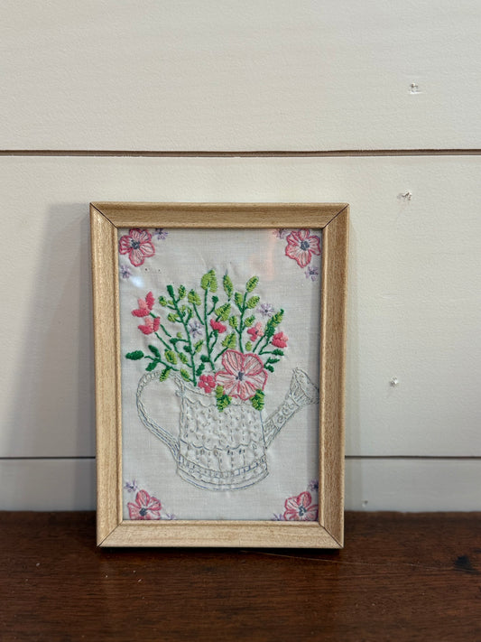 Vintage Framed Embroidered Watering Can Artwork