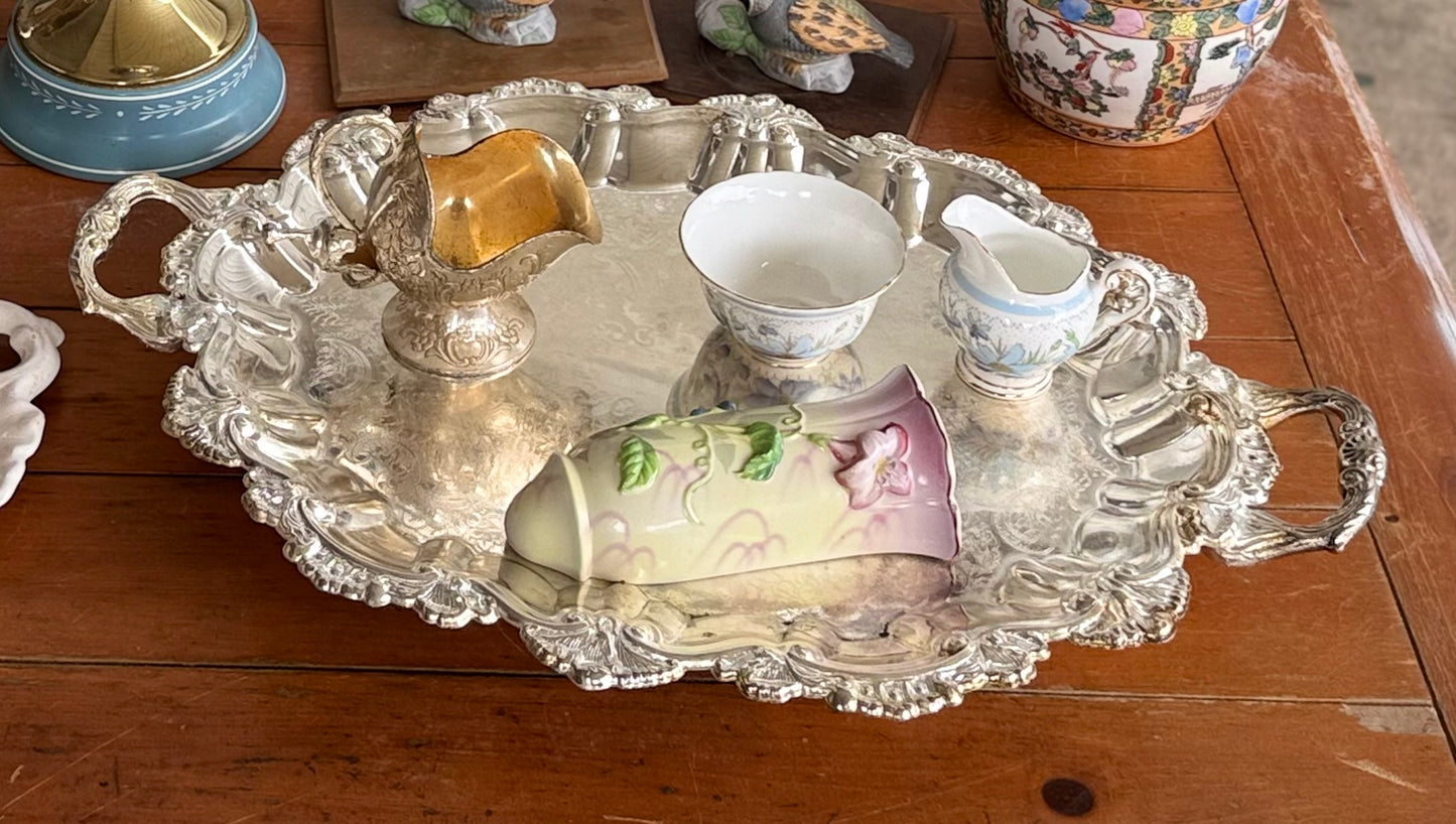 Vintage Silverplate Serving Tray with Ornate Handles