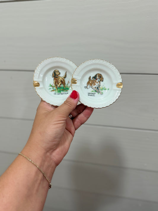 Vintage Dog Breed Milk Glass Ashtray Set | Irish Setter & Springer Spaniel
