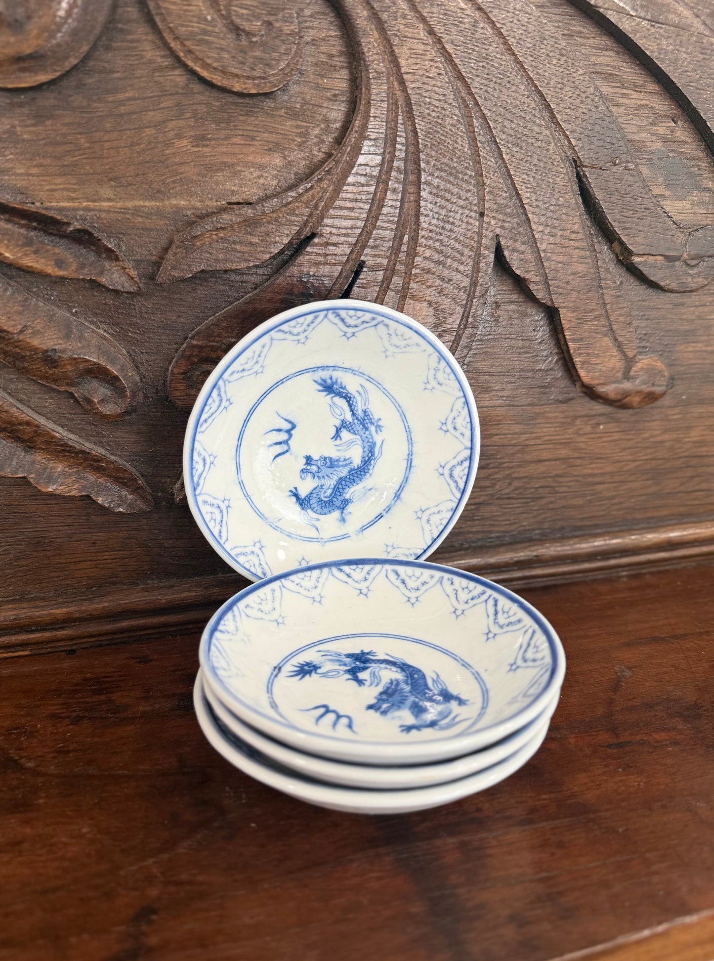 Set of 4 Blue & White Dragon Dipping Bowls