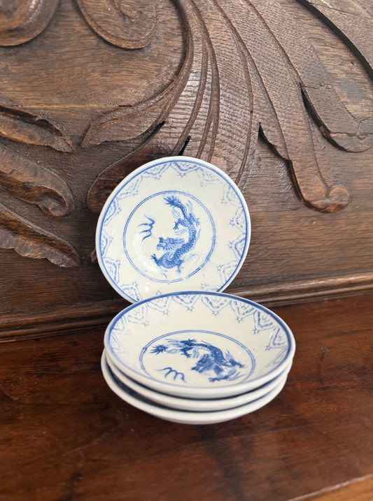 Set of 4 Blue & White Dragon Dipping Bowls