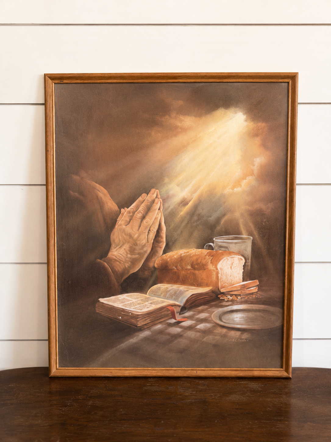 Vintage Framed Prayer Hands Print by F.C. Foster